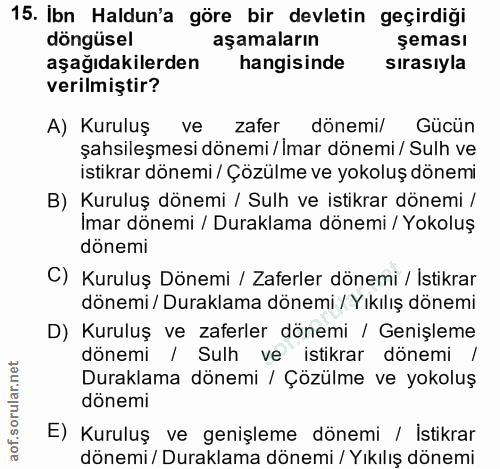 15. soru: Ibn Haldun'a göre bir devletin geçirdiği döngüsel aşamaların şeması aşağıdakilerden hangisinde sırasıyla verilmiştir?…
