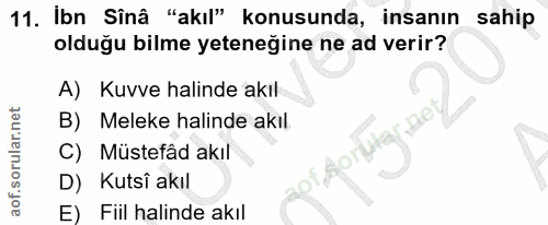 11. soru: Ibn Sînâ "akıl" konusunda, insanın sahip olduğu bilme yeteneğine ne ad verir? A) Kuvve halinde akıl B) Meleke halinde…