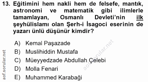 13. soru: Eğitimini hem nakli hem de felsefe, mantık, astronomi ve matematik gibi ilimlerle tamamlayan, Osmanlı Devleti'nin ilk…