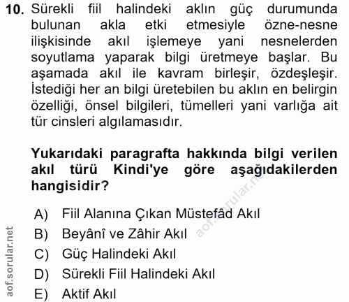 10. soru: Sürekli fiil halindeki aklın güç durumunda bulunan akla etki etmesiyle özne-nesne ilişkisinde akıl işlemeye yani nesn…