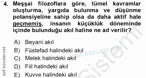 4. soru: Meşşai filozoflara göre, tümel kavramlar oluşturma, yargıda bulunma ve düşünme potansiyeline sahip olsa da daha aktif…