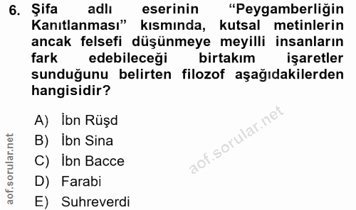 6. soru: Şifa adlı eserinin "Peygamberliğin Kanıtlanması" kısmında, kutsal metinlerin ancak felsefi düşünmeye meyilli insanlar…
