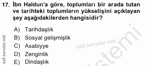 17. soru: Ibn Haldun'a göre, toplumları bir arada tutan ve tarihteki toplumların yükselişini açıklayan şey aşağıdakilerden hang…