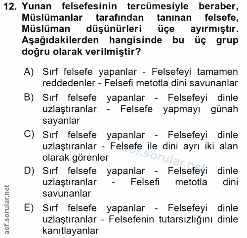 12. soru: Yunan felsefesinin tercümesiyle beraber, Müslümanlar tarafından tanınan felsefe, Müslüman düşünürleri üçe ayırmıştır.…