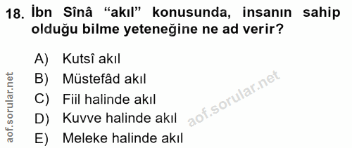 18. soru: İbn Sinâ "akıl" konusunda, insanın sahip olduğu bilme yeteneğine ne ad verir? A) Kutsî akıl B) Müstefâd akıl C) Fiil…