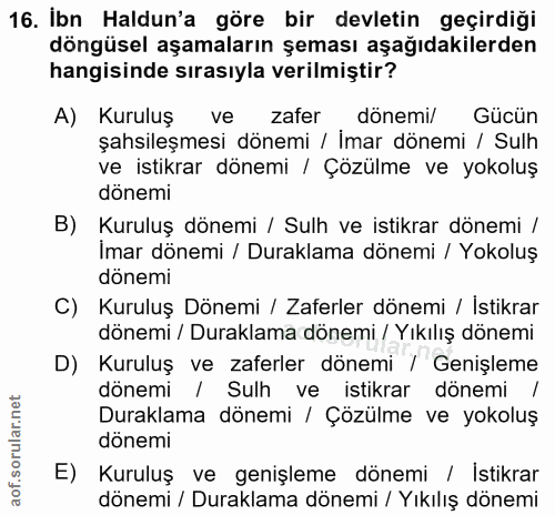 16. soru: İbn Haldun'a göre bir devletin geçirdiği döngüsel aşamaların şeması aşağıdakilerden hangisinde sırasıyla verilmiştir?…