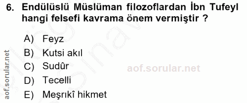 6. soru: Endülüslü Müslüman filozoflardan İbn Tufeyl hangi felsefi kavrama önem vermiştir ? A) Feyz B) Kutsi akıl C) Sudür D)…