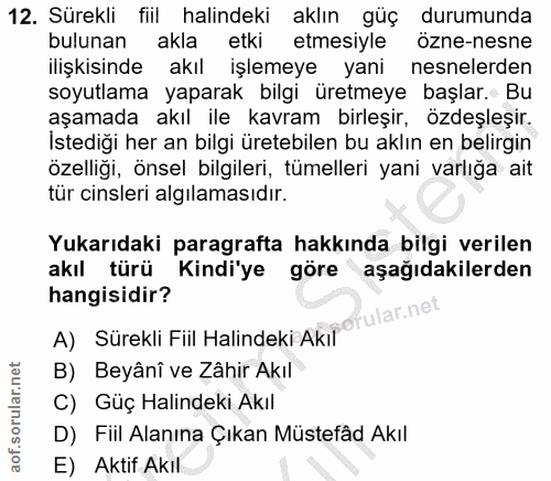 12. soru: Sürekli fiil halindeki aklın güç durumunda bulunan akla etki etmesiyle özne-nesne ilişkisinde akıl işlemeye yani nesn…