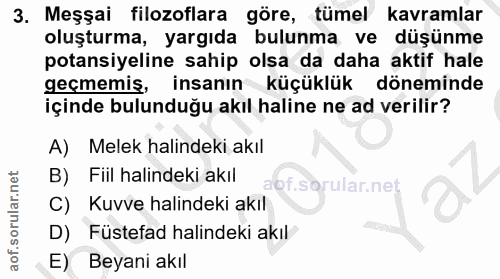 3. soru: Meşsai filozoflara göre, tümel kavramlar oluşturma, yargıda bulunma ve düşünme potansiyeline sahip olsa da daha aktif…