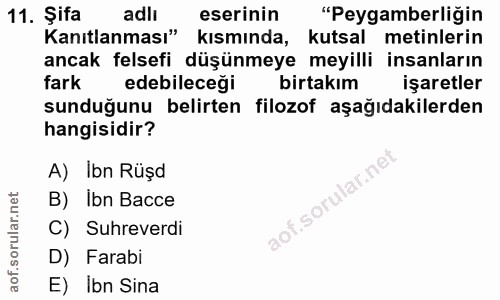 11. soru: Şifa adlı eserinin "Peygamberliğin Kanıtlanması" kısmında, kutsal metinlerin ancak felsefi düşünmeye meyilli insanlar…