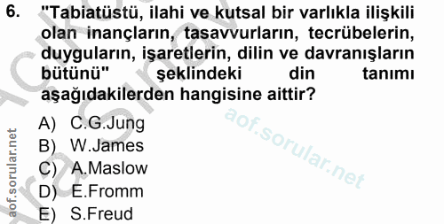 6. soru: "Tabiatüstü, ilahi ve kutsal bir varlıkla ilişkili olan inançların, tasavvurların, tecrübelerin, duyguların, işaretle…