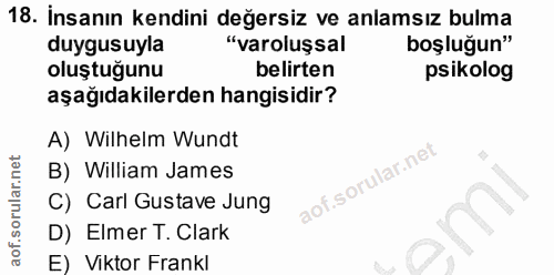 18. soru: Insanın kendini değersiz ve anlamsız bulma duygusuyla "varoluşsal boşluğun" oluştuğunu belirten psikolog aşağıdakiler…