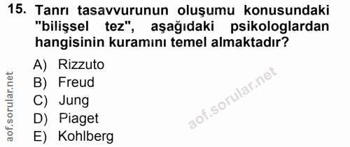 15. soru: Tanrı tasavvurunun oluşumu konusundaki "bilişsel tez", aşağıdaki psikologlardan hangisinin kuramını temel almaktadır?…