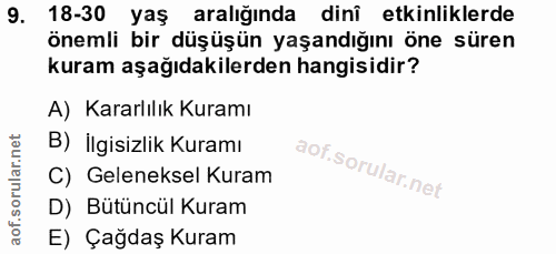 9. soru: 18-30 yaş aralığında dinî etkinliklerde önemli bir düşüşün yaşandığını öne süren kuram aşağıdakilerden hangisidir? A)…