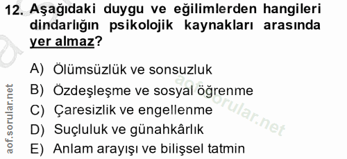 12. soru: Aşağıdaki duygu ve eğilimlerden hangileri dindarlığın psikolojik kaynakları arasında yer almaz? A) Ölümsüzlük ve sons…