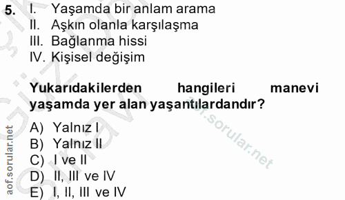 5. soru: I. Yaşamda bir anlam arama II. Aşkın olanla karşılaşma III. Bağlanma hissi IV. Kişisel değişim Yukarıdakilerden hangi…