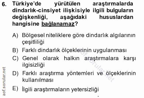 6. soru: Türkiye'de yürütülen araştırmalarda dindarlık-cinsiyet ilişkisiyle ilgili bulguların değişkenliği, aşağıdaki hususlar…