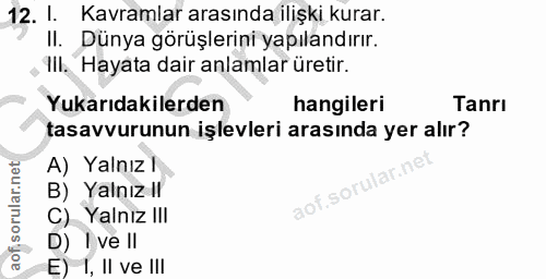 12. soru: 1. Kavramlar arasında ilişki kurar. Il. Dünya görüşlerini yapılandırır. Ill. Hayata dair anlamlar üretir. Yukarıdakil…