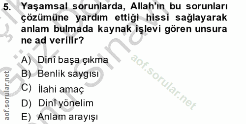 5. soru: Yaşamsal sorunlarda, Allah'ın bu sorunları çözümüne yardım ettiği hissi sağlayarak anlam bulmada kaynak işlevi gören…