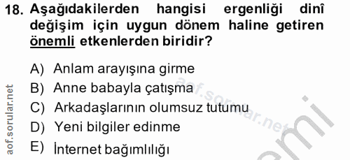 18. soru: Aşağıdakilerden hangisi ergenliği dini değişim için uygun dönem haline getiren önemli etkenlerden biridir? A) Anlam a…