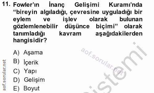 11. soru: Fowler'ın Inanç Gelişimi Kuramı'nda "bireyin algıladığı, çevresine uyguladığı bir eylem ve işlev olarak bulunan gözle…