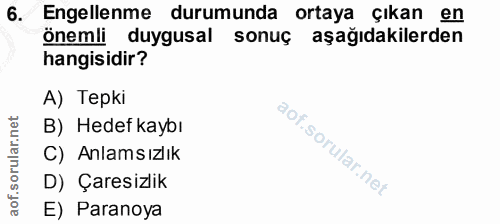 6. soru: Engellenme durumunda ortaya çıkan en önemli duygusal sonuç aşağıdakilerden hangisidir? A) Tepki B) Hedef kaybı C) Anl…