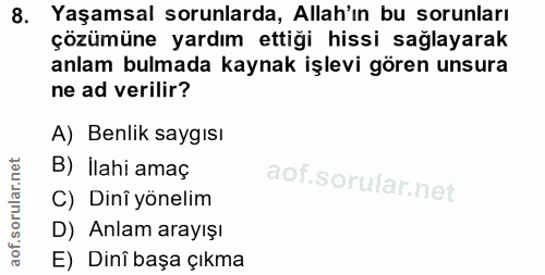 8. soru: Yaşamsal sorunlarda, Allah'ın bu sorunları çözümüne yardım ettiği hissi sağlayarak anlam bulmada kaynak işlevi gören…