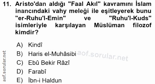 11. soru: Aristo'dan aldığı "Faal Akıl" kavramını İslam inancındaki vahy meleği ile eşitleyerek bunu "er-Ruhu'l-Emin" ve "Ruhu'…