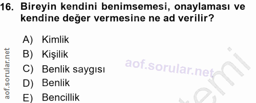 16. soru: Bireyin kendini benimsemesi, onaylaması ve kendine değer vermesine ne ad verilir? A) Kimlik B) Kişilik C) Benlik sayg…