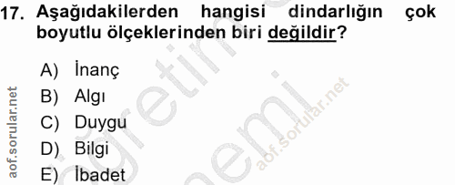 17. soru: Aşağıdakilerden hangisi dindarlığın çok boyutlu ölçeklerinden biri değildir? A) Inanç B) Algı sorular.nel C) Duygu D)…