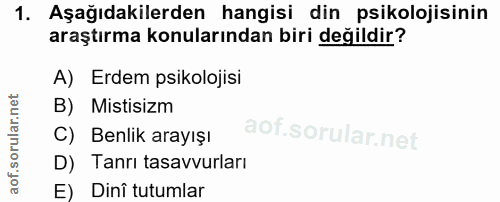 1. soru: Aşağıdakilerden hangisi din psikolojisinin araştırma konularından biri değildir? A) Erdem psikolojisi B) Mistisizm C)…