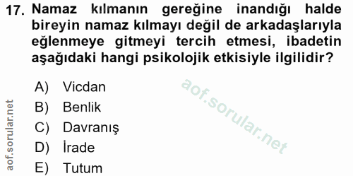 17. soru: Namaz kılmanın gereğine inandığı halde bireyin namaz kılmayı değil de arkadaşlarıyla eğlenmeye gitmeyi tercih etmesi,…