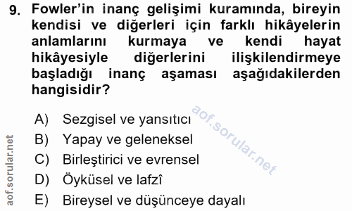 9. soru: Fowler'in inanç gelişimi kuramında, bireyin kendisi ve diğerleri için farklı hikâyelerin anlamlarını kurmaya ve kendi…