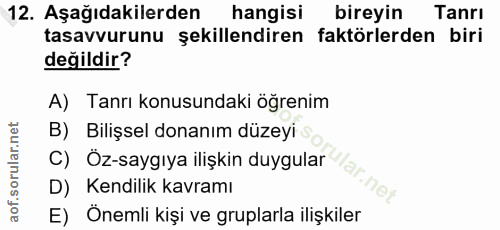 12. soru: Aşağıdakilerden hangisi bireyin Tanrı tasavvurunu şekillendiren faktörlerden biri değildir? A) Tanrı konusundaki öğre…