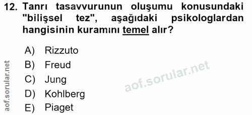 12. soru: Tanrı tasavvurunun oluşumu konusundaki "bilişsel tez", aşağıdaki psikologlardan hangisinin kuramını temel alır? A) Ri…
