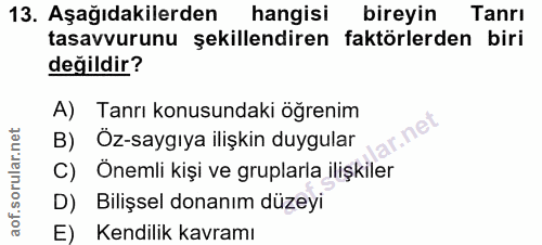 13. soru: Aşağıdakilerden hangisi bireyin Tanrı tasavvurunu şekillendiren faktörlerden biri değildir? A) Tanrı konusundaki öğre…