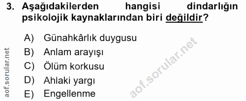 3. soru: Aşağıdakilerden hangisi dindarlığın psikolojik kaynaklarından biri değildir? A) Günahkârlık duygusu B) Anlam arayışı…
