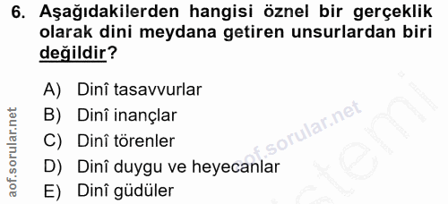 6. soru: Aşağıdakilerden hangisi öznel bir gerçeklik olarak dini meydana getiren unsurlardan biri değildir? A) Dinî tasavvurla…