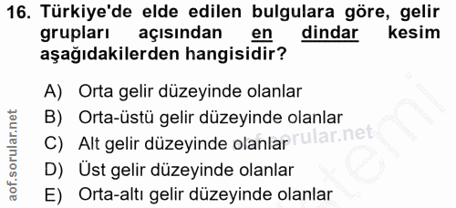 16. soru: Türkiye'de elde edilen bulgulara göre, gelir grupları açısından en dindar kesim aşağıdakilerden hangisidir? A) Orta g…