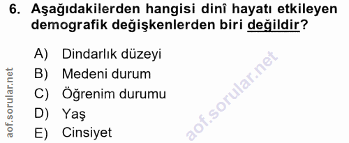 6. soru: Aşağıdakilerden hangisi dinî hayatı etkileyen demografik değişkenlerden biri değildir? A) Dindarlık düzeyi B) Medeni…