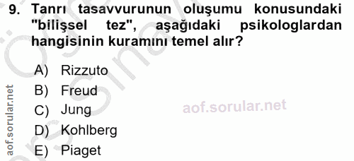 9. soru: Tanrı tasavvurunun oluşumu konusundaki "bilişsel tez", aşağıdaki psikologlardan hangisinin kuramını temel alır? A) Ri…
