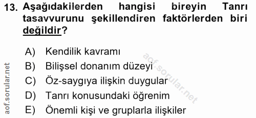 13. soru: Aşağıdakilerden hangisi bireyin Tanrı tasavvurunu şekillendiren faktörlerden biri değildir? A) Kendilik kavramı B) Bi…