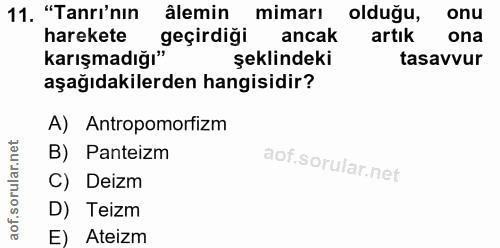 11. soru: "Tanri'nın âlemin mimarı olduğu, onu harekete geçirdiği ancak artık ona karışmadığı" şeklindeki tasavvur aşağıdakiler…