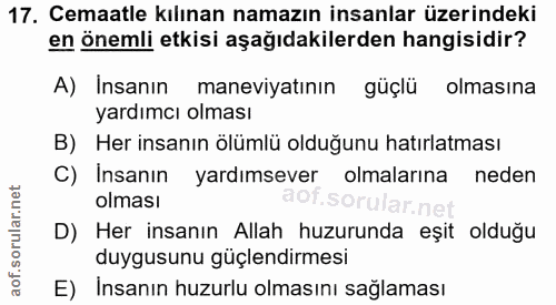 17. soru: Cemaatle kılınan namazın insanlar üzerindeki en önemli etkisi aşağıdakilerden hangisidir? A) Insanın maneviyatının gü…