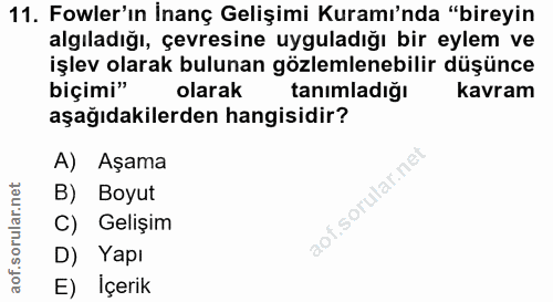 11. soru: Fowler'ın İnanç Gelişimi Kuramı'nda "bireyin algıladığı, çevresine uyguladığı bir eylem ve işlev olarak bulunan gözle…