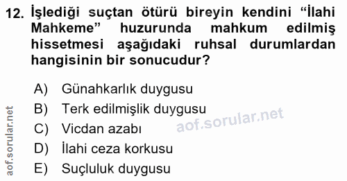 12. soru: İşlediği suçtan ötürü bireyin kendini "İlahi Mahkeme" huzurunda mahkum edilmiş hissetmesi aşağıdaki ruhsal durumlarda…