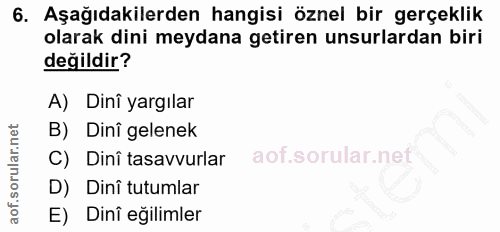 6. soru: Aşağıdakilerden hangisi öznel bir gerçeklik olarak dini meydana getiren unsurlardan biri değildir? A) Dinî yargılar B…