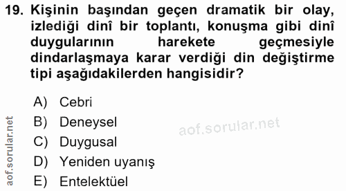 19. soru: Kişinin başından geçen dramatik bir olay, izlediği dinî bir toplantı, konuşma gibi dinî duygularının harekete geçmesi…
