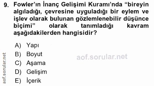 9. soru: Fowler'ın İnanç Gelişimi Kuramı'nda "bireyin algıladığı, çevresine uyguladığı bir eylem ve işlev olarak bulunan gözle…