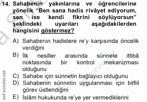 14. soru: Sahabenin yakınlarına ve öğrencilerine yönelik "Ben sana hadis rivâyet ediyorum, sen •ise kendi fikrini söylüyorsun"…